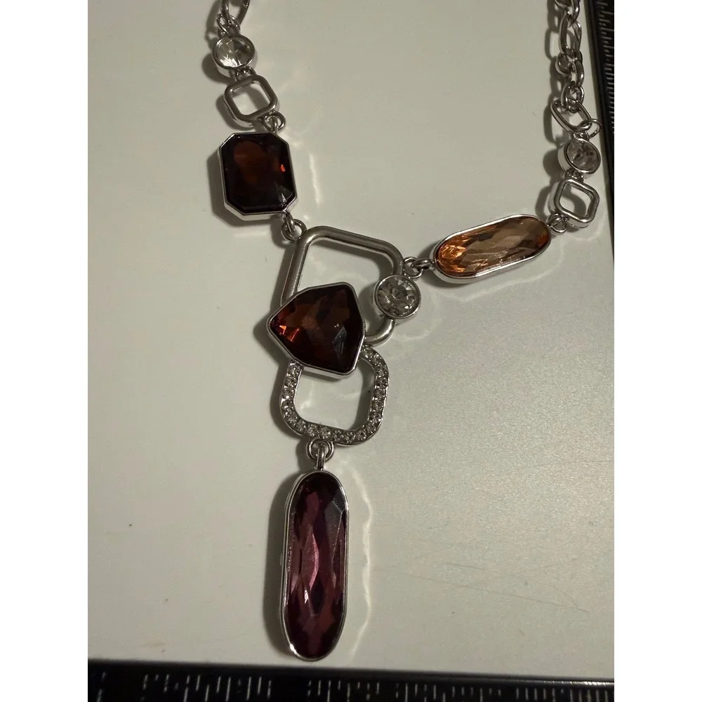 Silver Tone Geometric Statement Necklace Multi Color Stones Y-Drop Chain